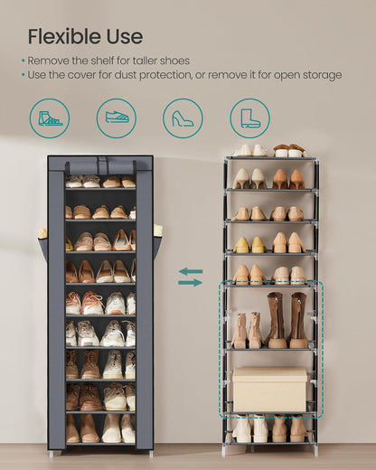 10-Tier Shoe Rack, Shoe Storage Cabinet with Dustproof Cover, Free-Standing Storage Organizer for Closet, Entryway, Hold 20 Pairs of Shoes, for Sneakers, High Heels, Gray URXJ034GN02