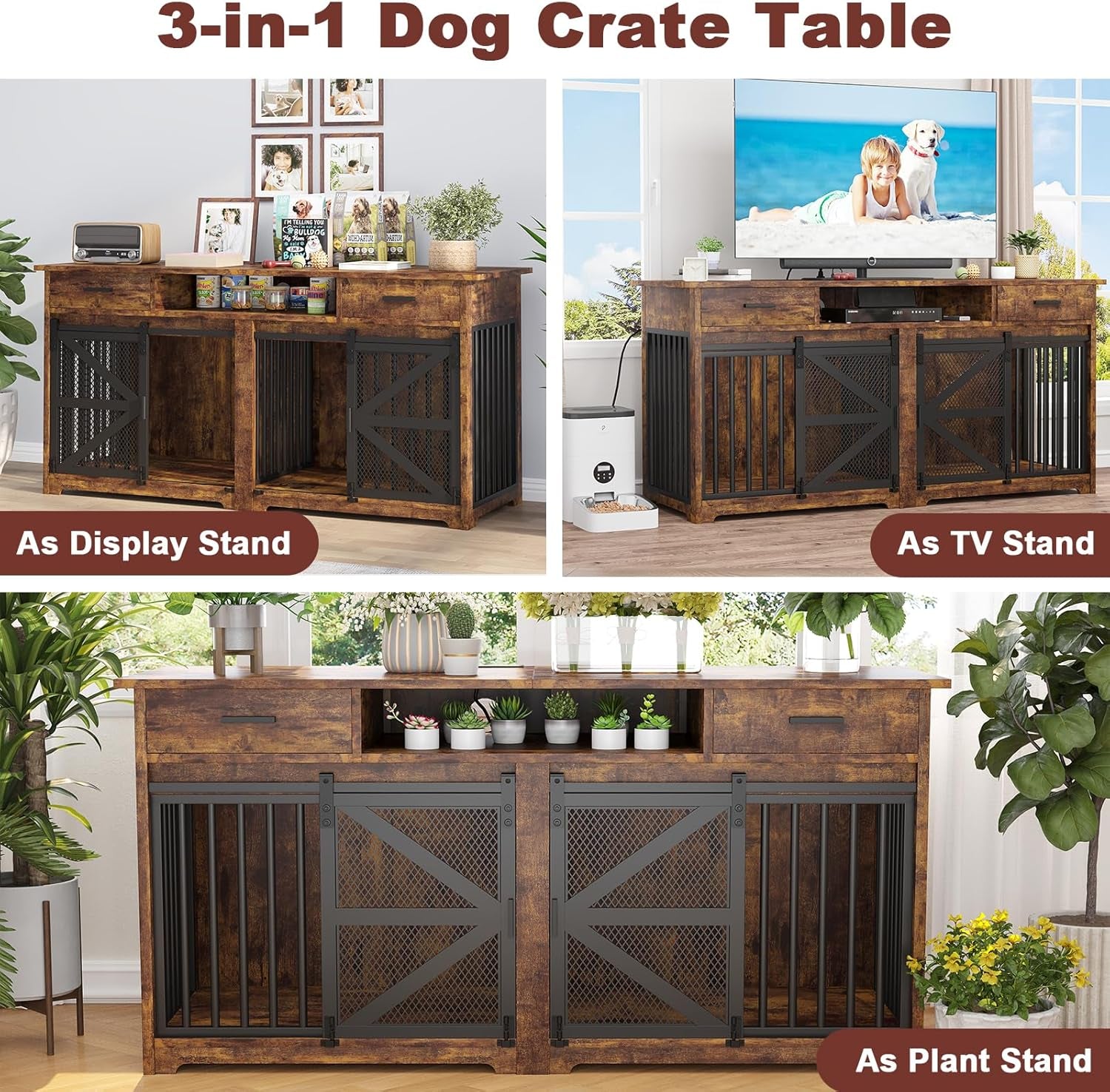63In Double Dog Crate Furniture with Sliding Door and Detachable Outlet That Powers Pet Zone Sturdy Dog Kennel Furniture with Drawers Organized Storage for Small and Medium Dogs