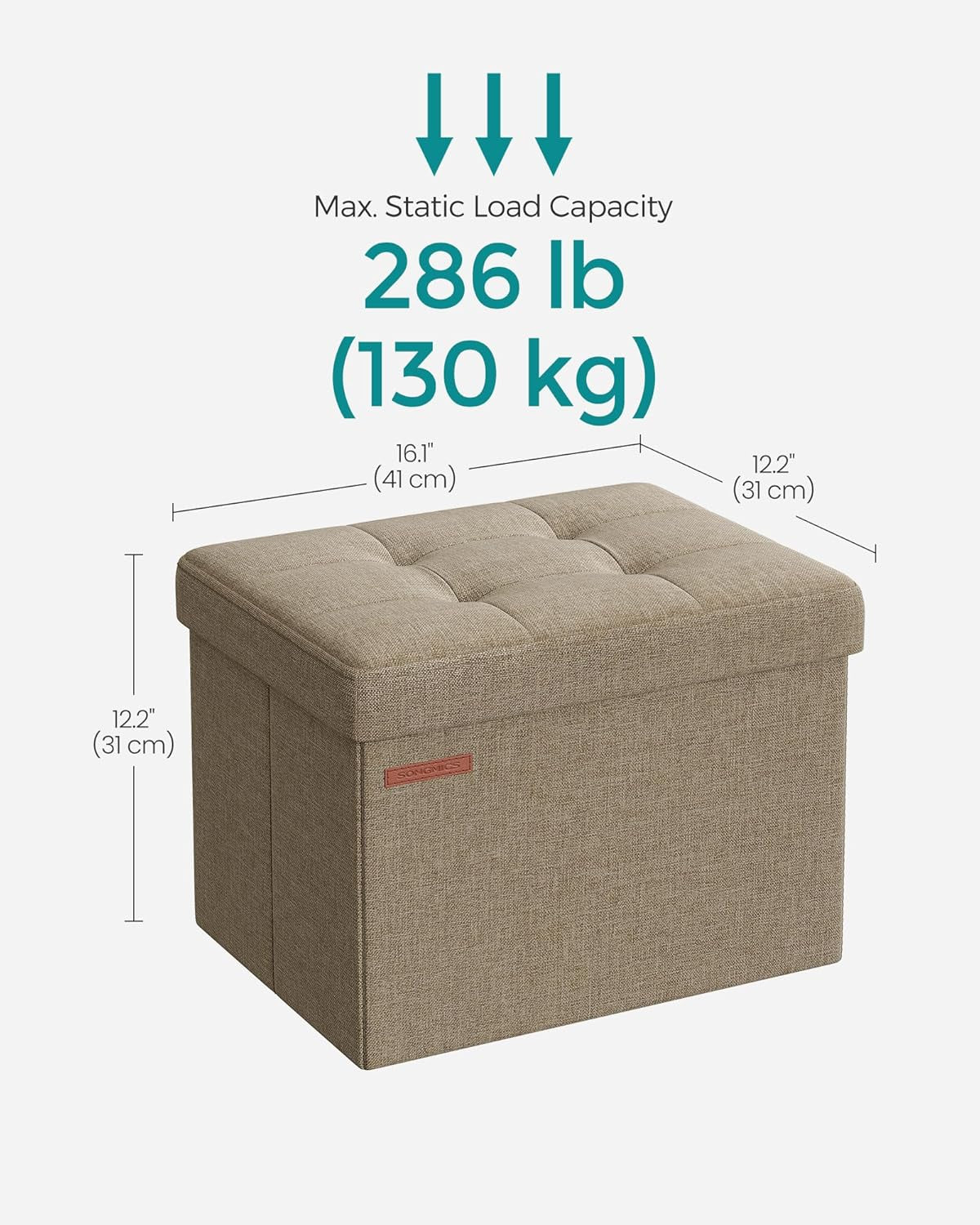 MAZIE Collection - Small Folding Storage Ottoman, Foot Rest Stool, 12.2 X 16.1 X 12.2 Inches, 286 Lb Load Capacity, for Living Room, Bedroom, Home Office, Dorm, Light Taupe ULSF102K01