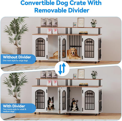 63" Dog Crate Furniture for 2 Dogs, XL Large Indoor Wooden Dog Kennel with Divider, 6 Lockable Wheels & Storage, Heavy Duty Modern Decorative Double Dog Cage TV Stand for Medium/Large Breed