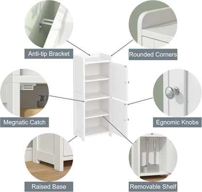 Small Bathroom Storage Cabinet, 30" Tall Freestanding Corner Floor Cabinet with 2 Doors & 5 Shelves (2 Adjustable), Narrow Toilet Paper Holder Organizer for Small Spaces, White