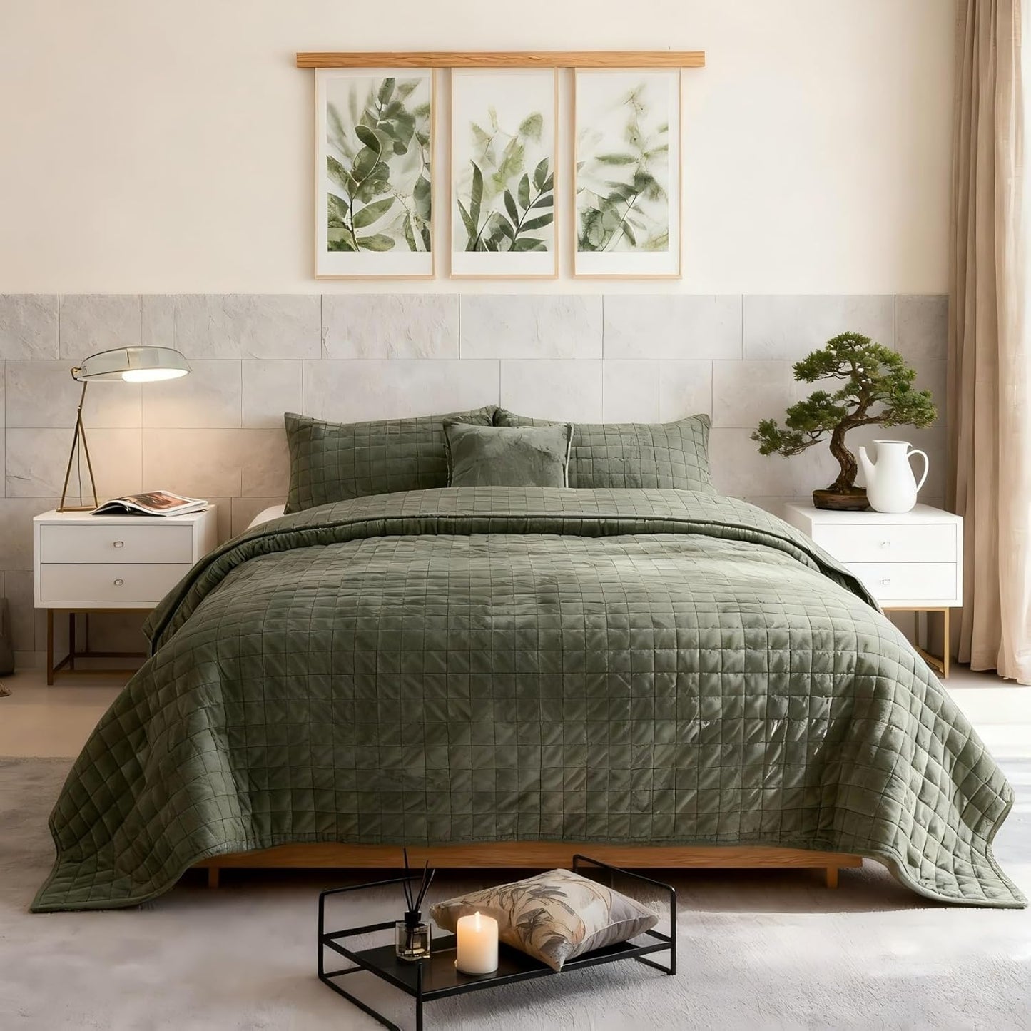 Quilt Set Oversized King Size 120X120 Luxurious Velvet Bedding Sets with 2 Pillow Shams 20X36 3 Pieces Ultra Soft Quilted Bedspread Coverlet Comforter for All Season,Army Green