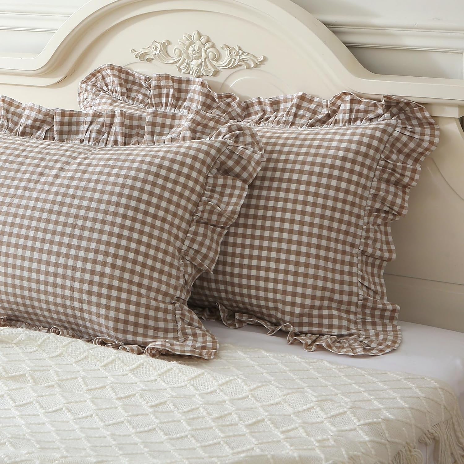 Taupe/White Plaid Ruffle Pillow Shams King Size Set of 2,Shabby Checkered Washed Cotton Farmhouse Pillow Covers 20"X36"
