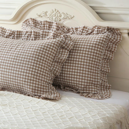 Taupe/White Plaid Ruffle Pillow Shams King Size Set of 2,Shabby Checkered Washed Cotton Farmhouse Pillow Covers 20"X36"