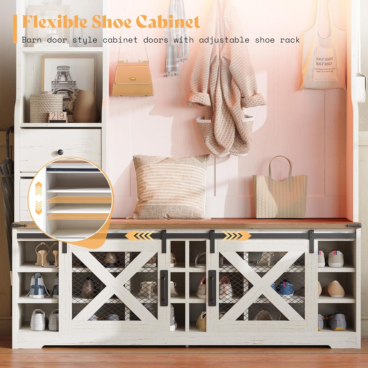 7-In-1 Farmhouse Hall Tree with Bench and Shoe Cabinet, LED Entryway Organizer with 2 Drawers, 12 Shoe Cubbies & Barn Doors, 7 Coat Racks with Shoe Storage, Rustic White