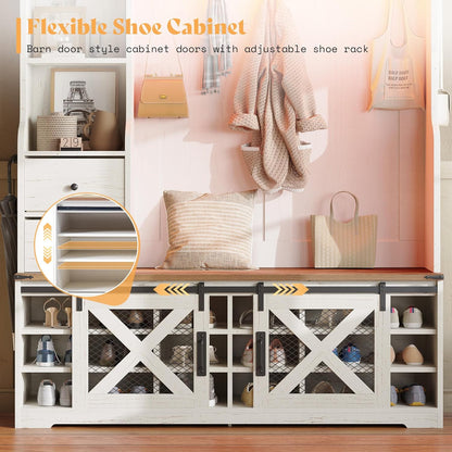 7-In-1 Farmhouse Hall Tree with Bench and Shoe Cabinet, LED Entryway Organizer with 2 Drawers, 12 Shoe Cubbies & Barn Doors, 7 Coat Racks with Shoe Storage, Rustic White