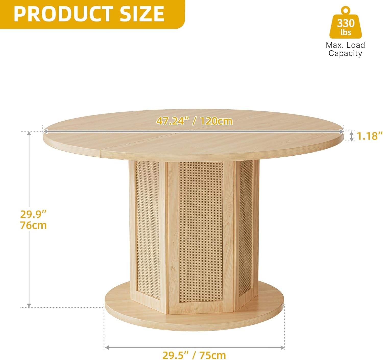 round Dining Table for 4-6 People 47 Inch Farmhouse Kitchen Table with Rattan Circular Base Wooden Dinner Table for Dining Room Family Gathering, Natural Oak