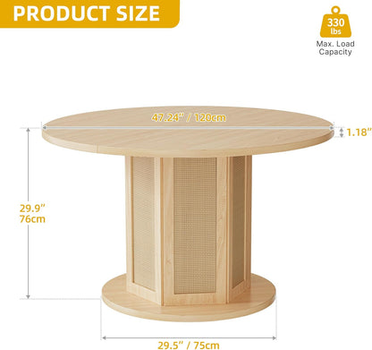 round Dining Table for 4-6 People 47 Inch Farmhouse Kitchen Table with Rattan Circular Base Wooden Dinner Table for Dining Room Family Gathering, Natural Oak