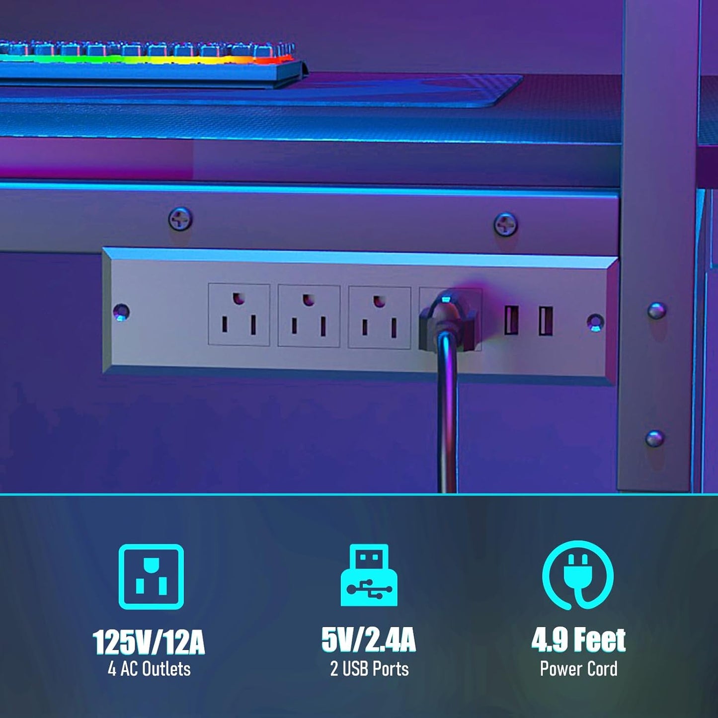 Gaming Desk with Power Outlets & LED Strip Lights,80Cm Industrial Writing Desk with Adjustable Monitor Stand, Cupholder and Headphone Hook for Home Office Black