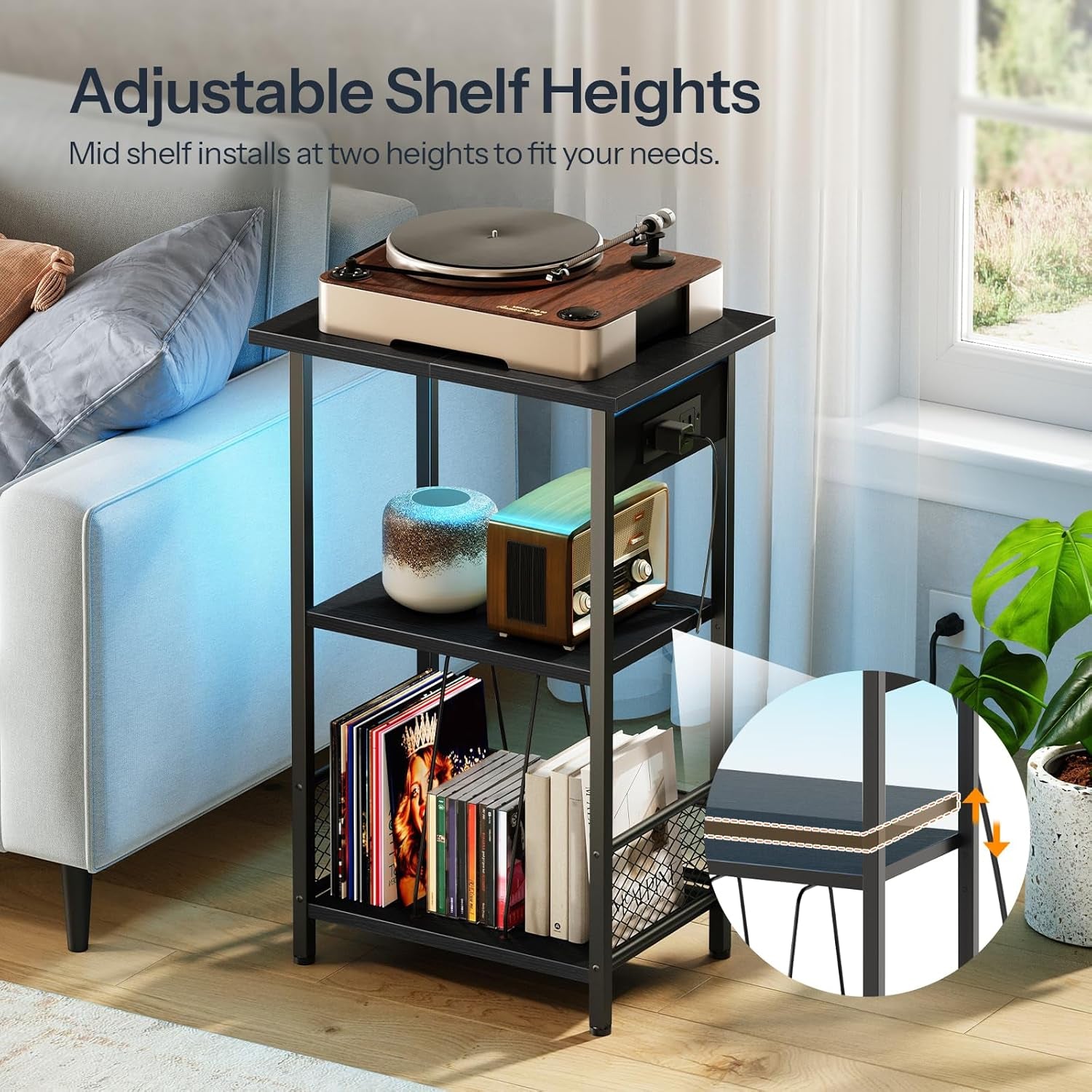 Record Player Stand with Charging Station and LED, Turntable Stand with Storage, 3 Tier End Table Hold up to 100 Albums, Record Table for Vinyl, Living Room, Black BB06UDRS01