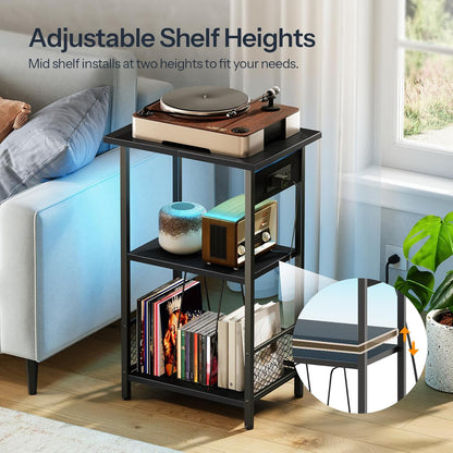 Record Player Stand with Charging Station and LED, Turntable Stand with Storage, 3 Tier End Table Hold up to 100 Albums, Record Table for Vinyl, Living Room, Black BB06UDRS01