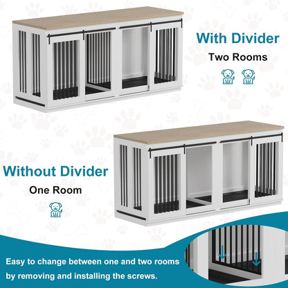 Dog Crate Furniture for 2 Large Dogs,71" Farmhouse Double Kennel with Sliding Door,Heavy Duty Wooden Dog Crate Kennel End Table Tv Stand