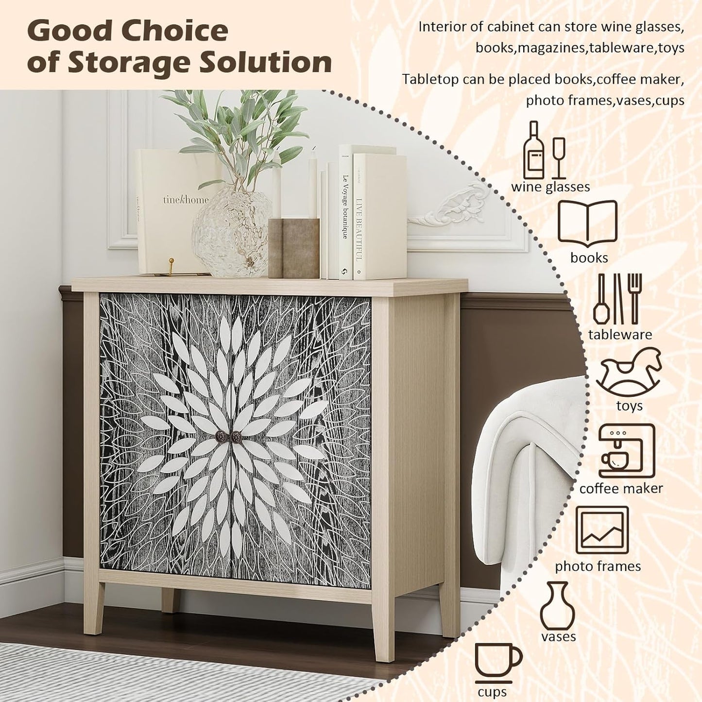 Black Accent Furniture, 32 Inch Wide 2-Door Carved Geometric Sideboard Buffet Server with Adjustable Shelves, Modern Boho Style Fluted Storage Console Table for Dining Room, Kitchen, Living Room