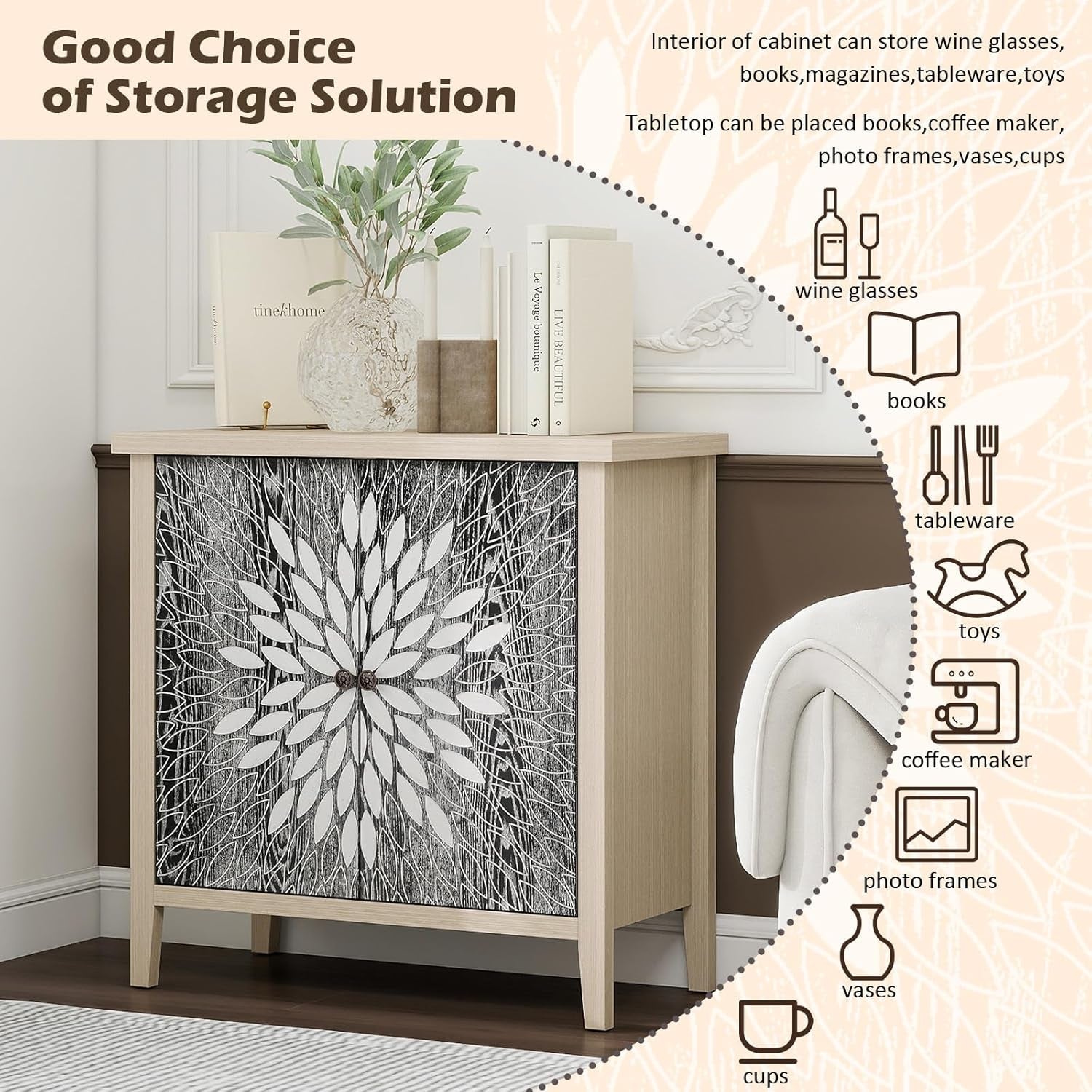 Black Accent Furniture, 32 Inch Wide 2-Door Carved Geometric Sideboard Buffet Server with Adjustable Shelves, Modern Boho Style Fluted Storage Console Table for Dining Room, Kitchen, Living Room