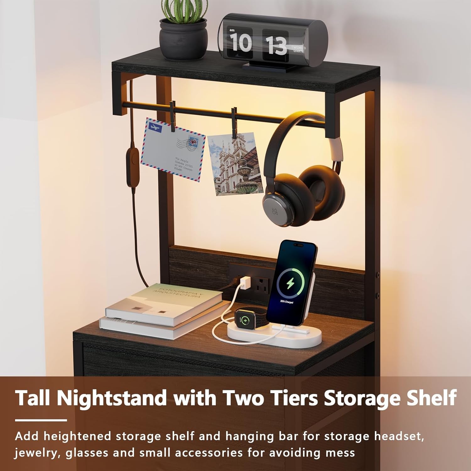 Tall Nightstand with Charging Station, Night Stands with LED Lights and Storage Shelves, Bed Side Table for Bedroom, Hallway, Office, 4 Fabric Drawers (Black Oak)