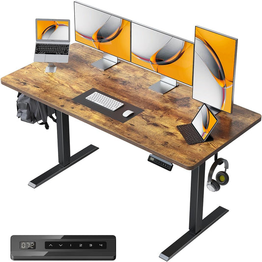 55 X 24 Large One-Piece Standing Desk, Adjustable Height Electric Computer Home Office Sit Stand up Workstation, with 4 Memory Presets, Headphone Hook, Rustic Brown