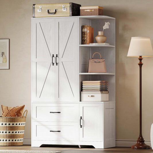 Armoire Wardrobe Closet 70" H, Bedroom Wooden Wardrobe with 3 Doors 2 Drawers, Modern Clothing Storage Cabinet Combination with Storage Shelves and Hanging Rail, White
