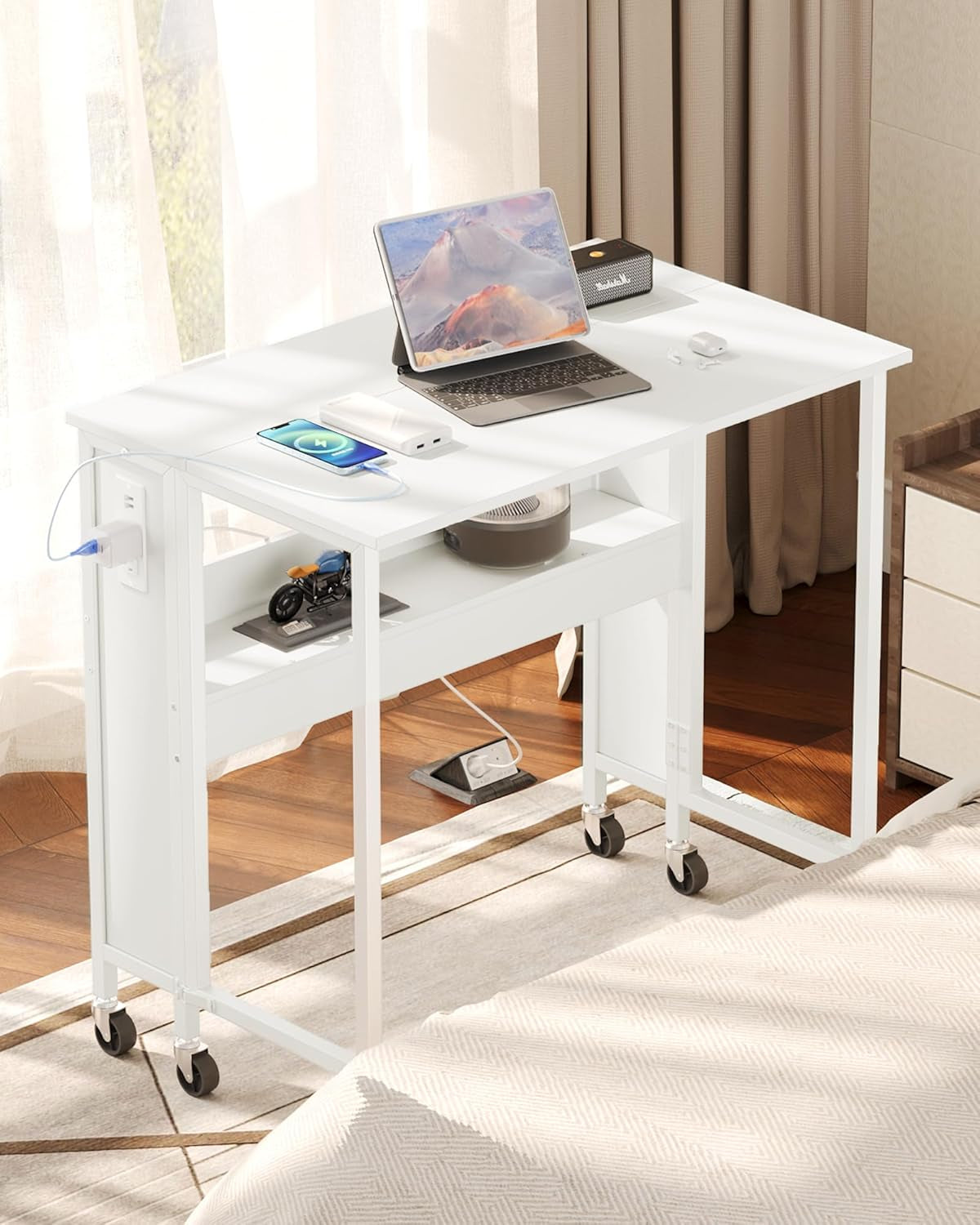 31.5" Modern White Folding Computer Desk with Power Outlets, Wheels, Storage, Perfect for Small Spaces White TDN01UWB