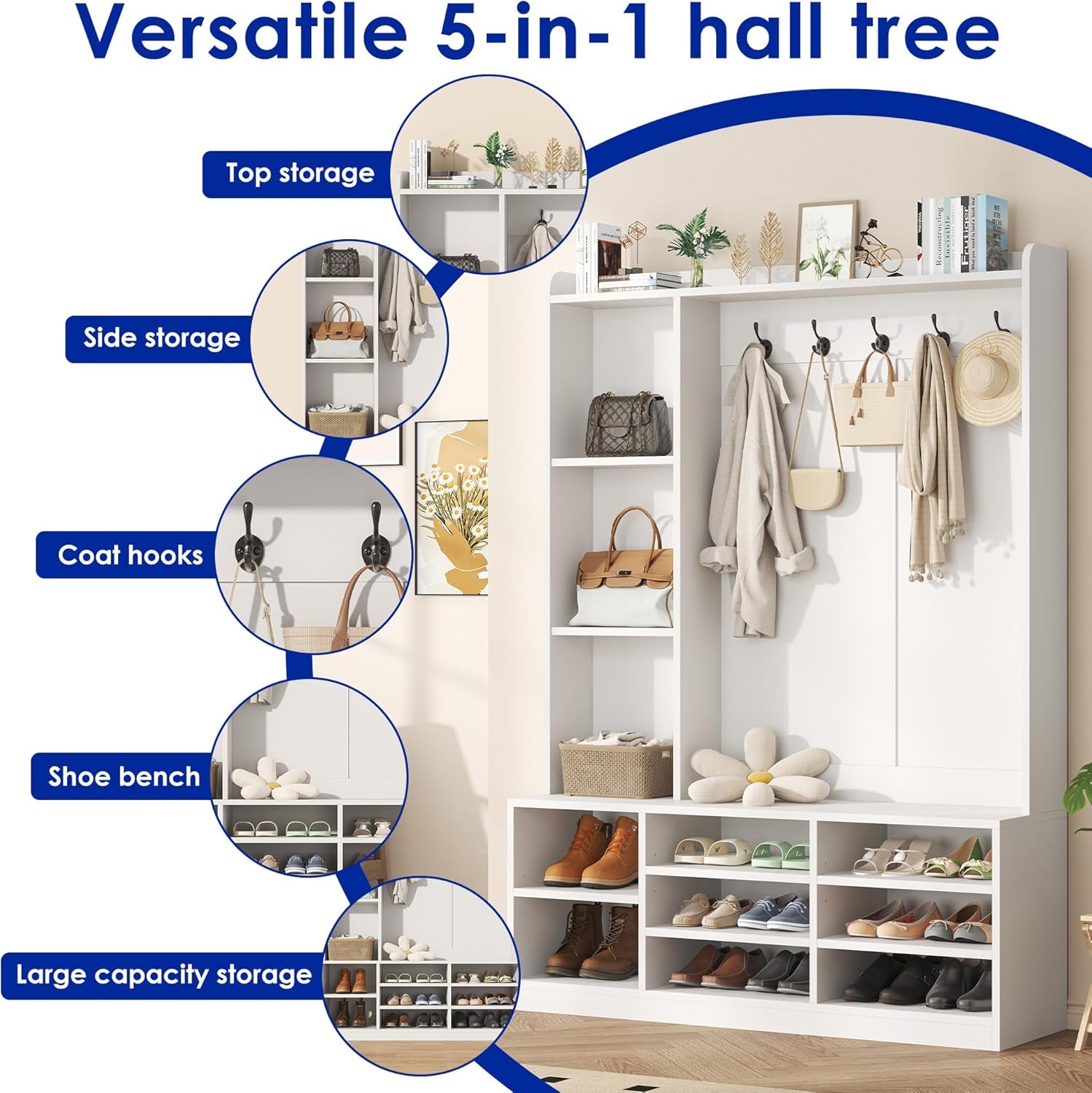 Hall Tree with Bench and Shoe Storage, 5-In-1 Entryway Storage Bench, Shoe Rack with Coat Rack, 8 Shoe Cubbies & 5 Coat Hooks, Adjustable Shelf, White