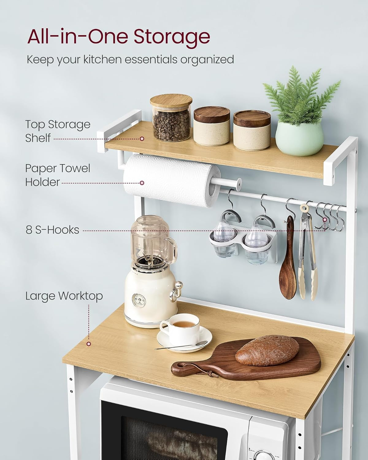 Kitchen Bakers Rack with Power Outlet, Coffee Bar 4-Tier with 8 S Hooks, Microwave Stand, Adjustable Shelf, for Small Spaces, Golden Oak and Cloud White UKKS014Y01V1
