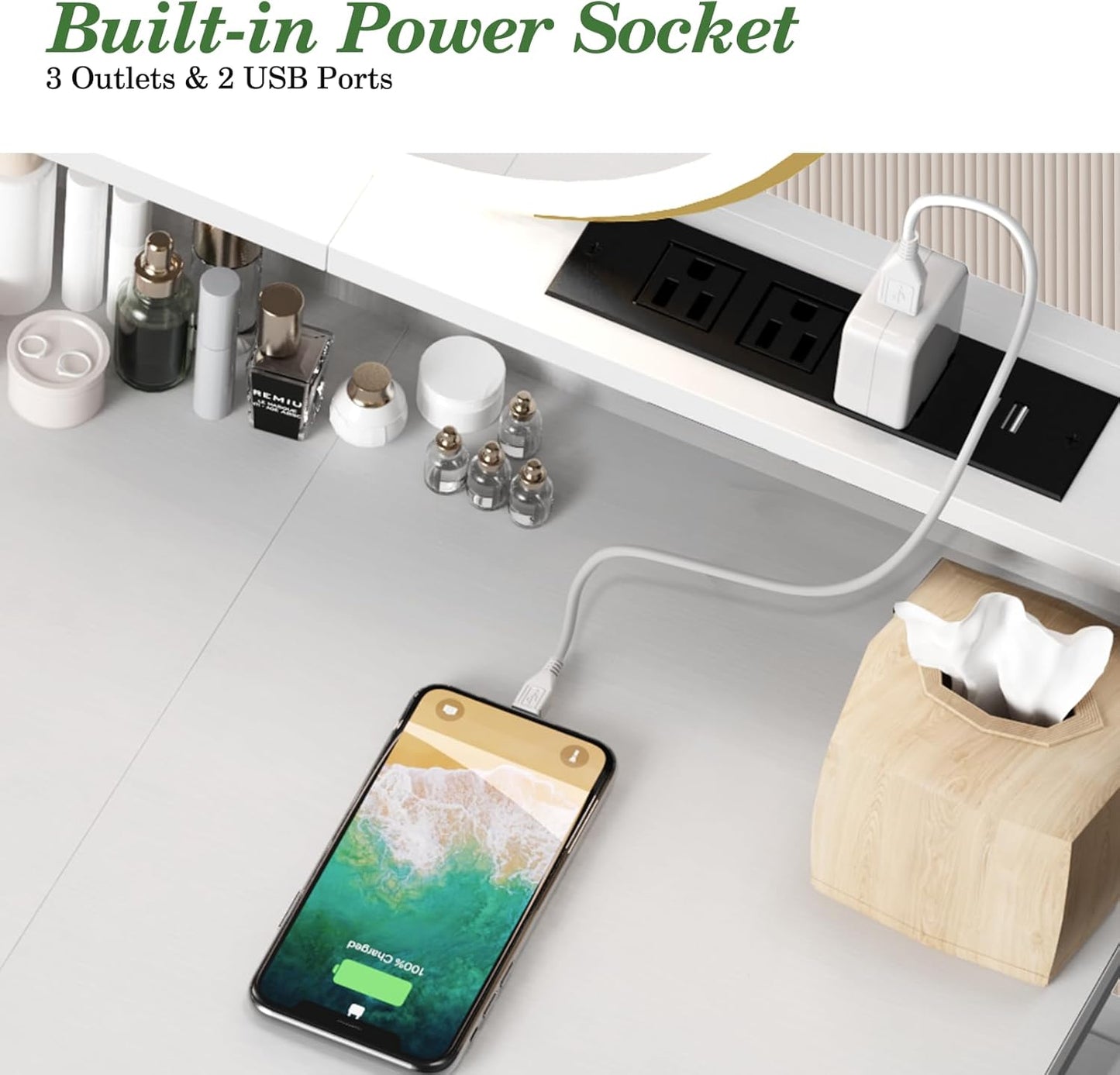 Small Vanity Desk No Mirror, 23.6 Inch Makeup Vanity Table with Fabric Drawers Power Outlet, Compact Makeup Desk for Girls Bedroom and Small Space, White