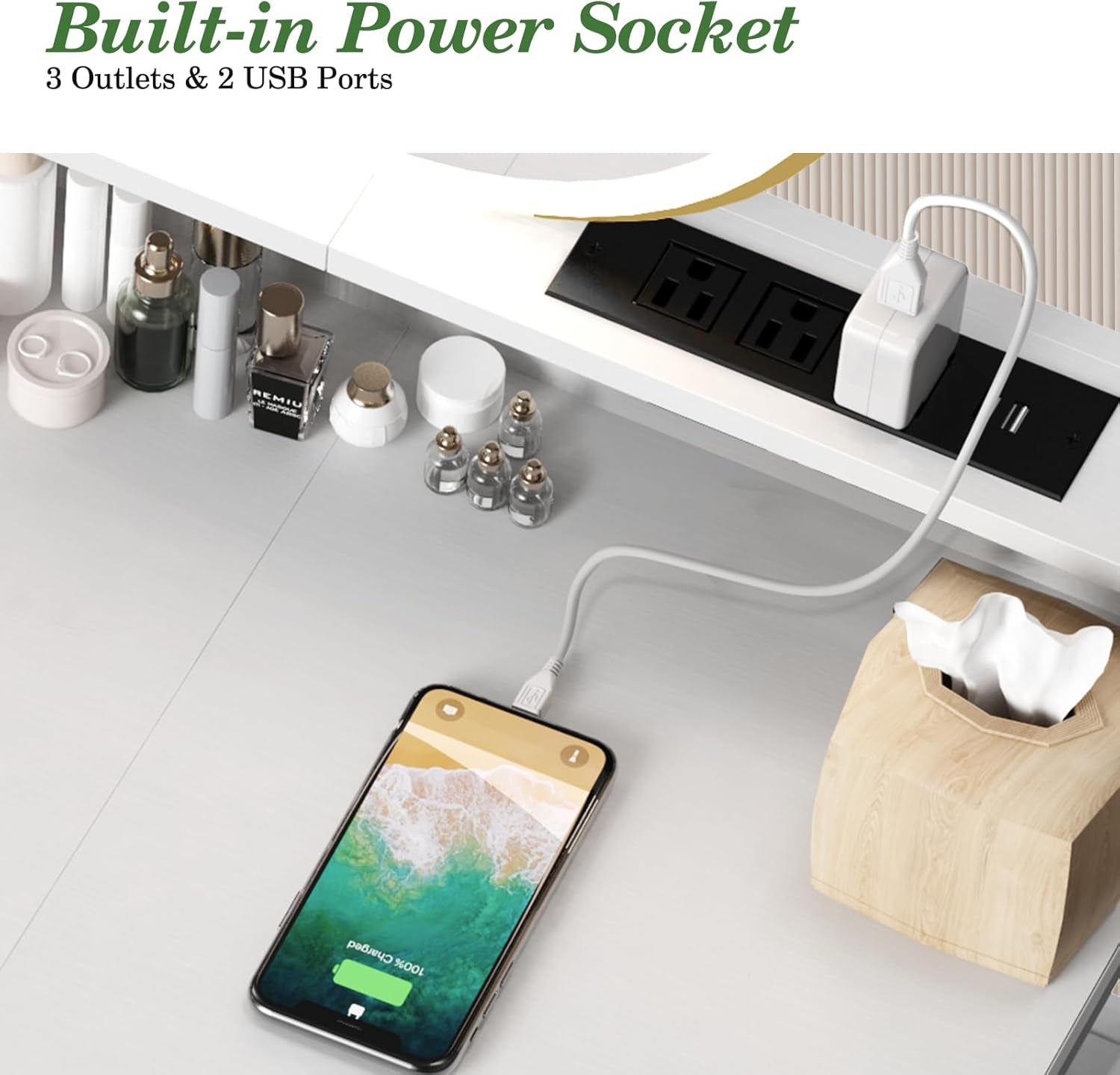 Small Vanity Desk No Mirror, 23.6 Inch Makeup Vanity Table with Fabric Drawers Power Outlet, Compact Makeup Desk for Girls Bedroom and Small Space, White