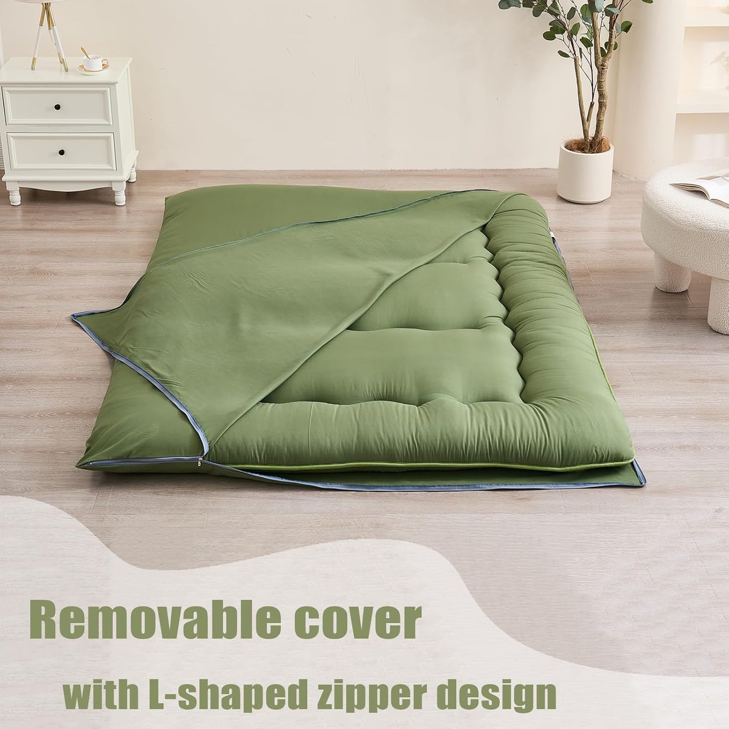 Japanese Floor Mattress, Futon Mattress with Portable Storage Bag and Washable Cover, Roll up Thick Tatami Mat Suitable for Camping, Guest Room, Green, Twin