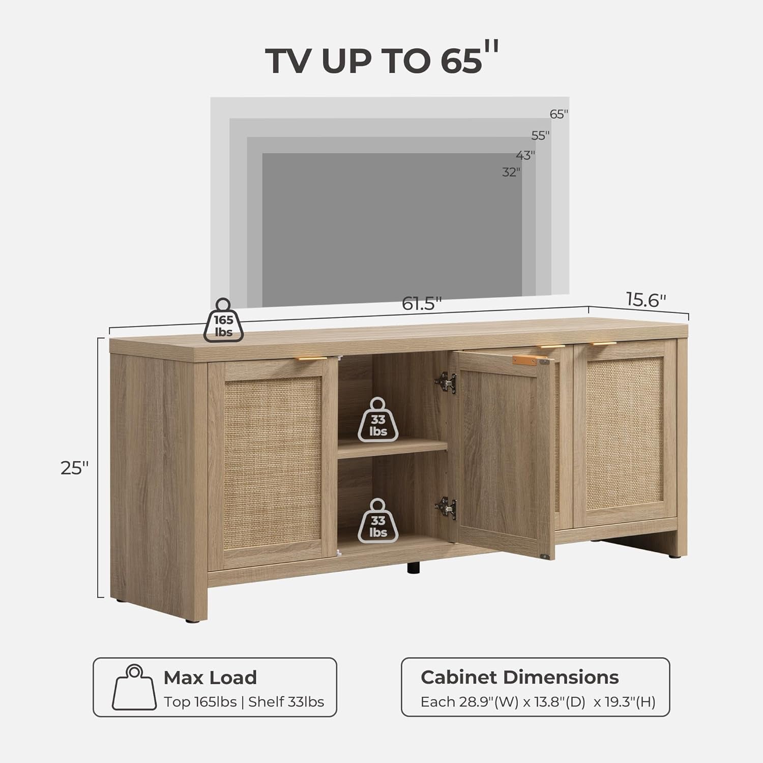 TV Stand for Living Room Boho Entertainment Center for Bedroom with 4 Rattan Cabinets Farmhouse Television Stands with Storage Large Media Console Table for Tvs up to 45 50 55 60 65 Inch
