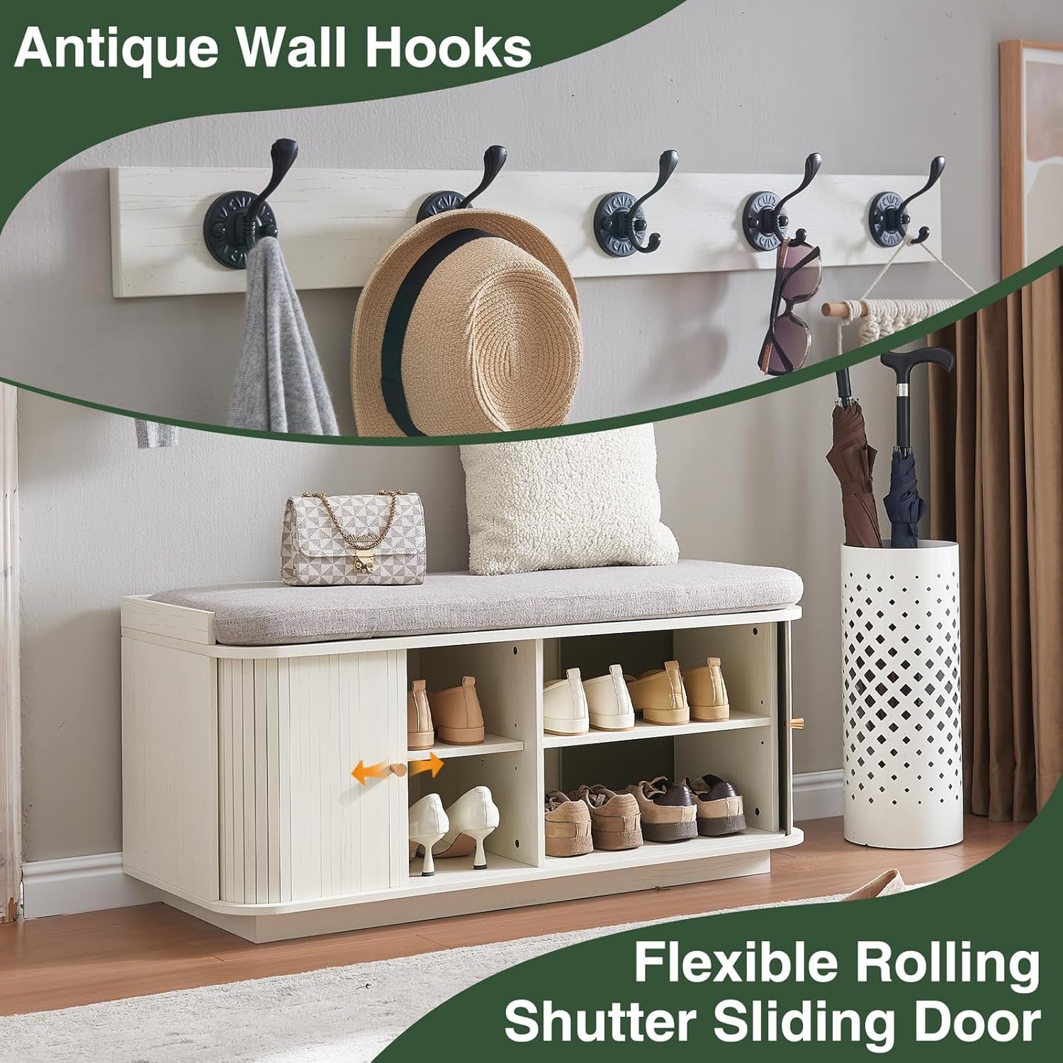 Hall Tree with Bench and Shoe Storage, Entryway Bench with Sliding Door Cabinet, Removable Padded, Metal Wall Hooks, Adjustable Storage Compartments, for Entry, Hallway, Living Room, Beige