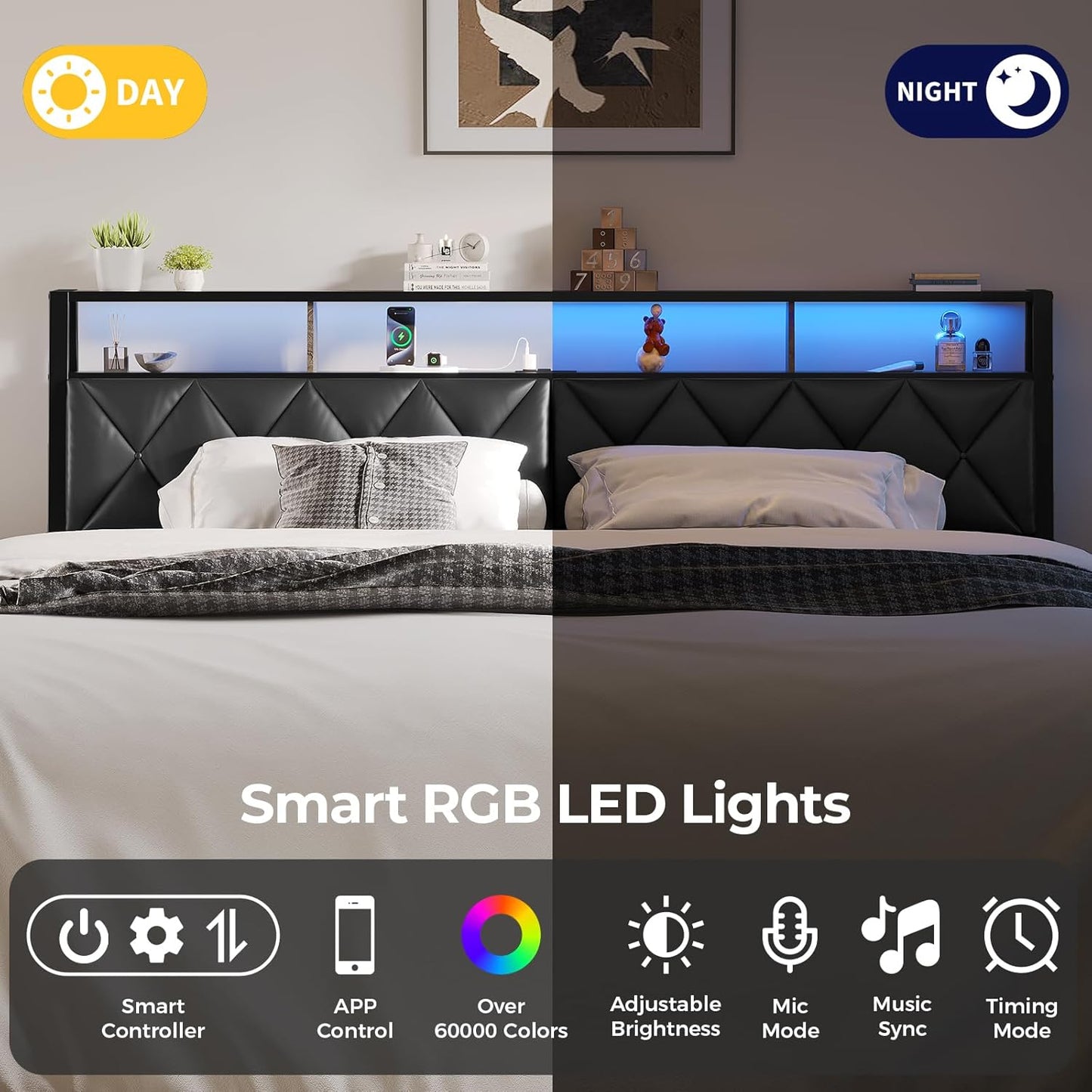 Queen Headboard Only, Headboard for Queen Size Bed with Storage, Upholstered Headboards with LED Lights & Charging Station, Attach Frame, Ideal for Bedroom/Dorm/Guest Room, Black, Faux Leather