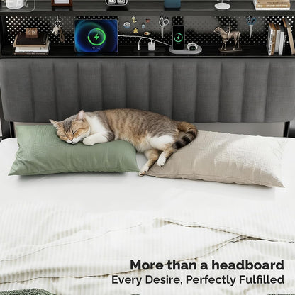 King Size Headboard Only, Adjustable Upholstered Headboard with 2 Tier Shelves and Pegboard with Charging Stations and LED Lights, Modern Bed Headboard with Storage for Bedroom Decor