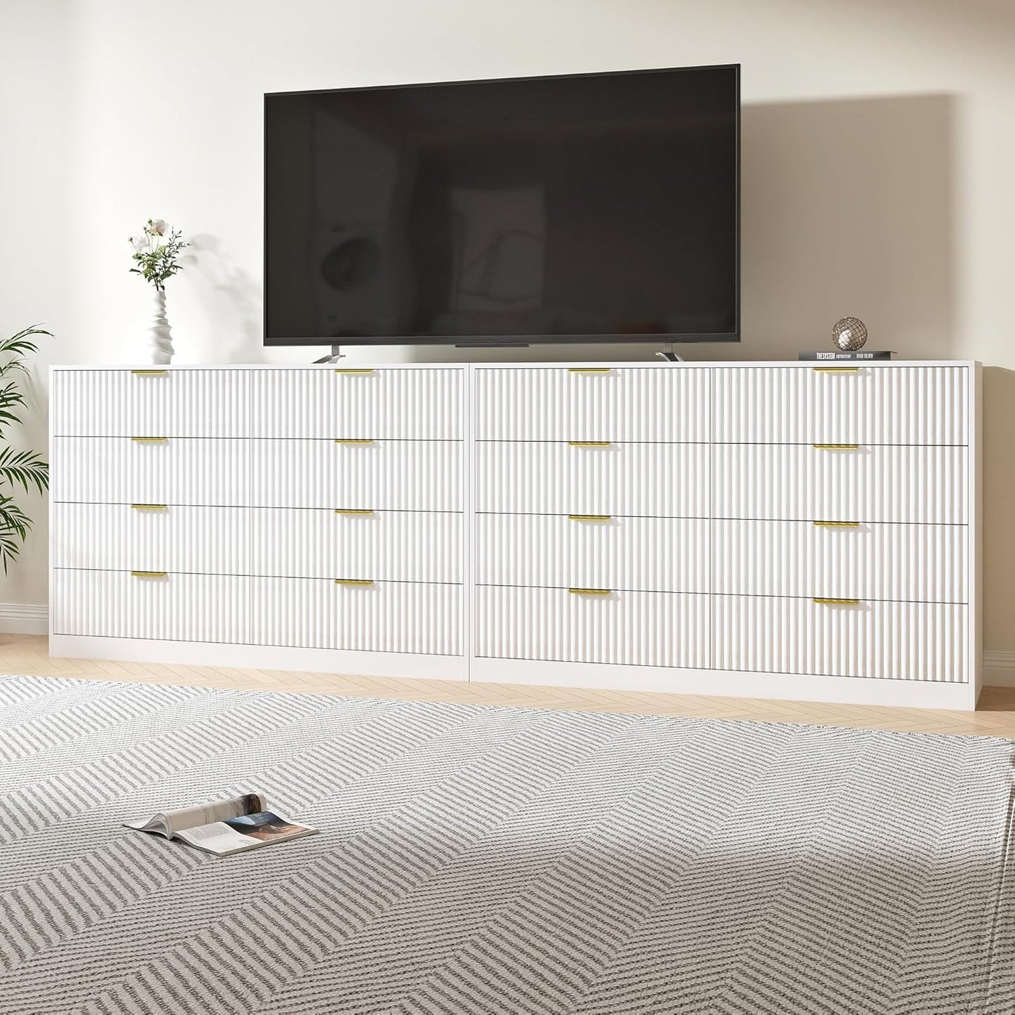Dresser for Bedroom Set of 2, Fluted 16 Drawers White Dresser Wooden, Modern Bedroom Furniture Set, TV Stand Long Dressers & Chests of Drawers for Closet(15.7" D X 110.2" W X 36" H)