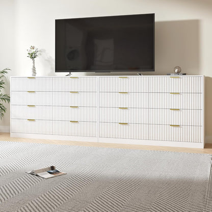 Dresser for Bedroom Set of 2, Fluted 16 Drawers White Dresser Wooden, Modern Bedroom Furniture Set, TV Stand Long Dressers & Chests of Drawers for Closet(15.7" D X 110.2" W X 36" H)