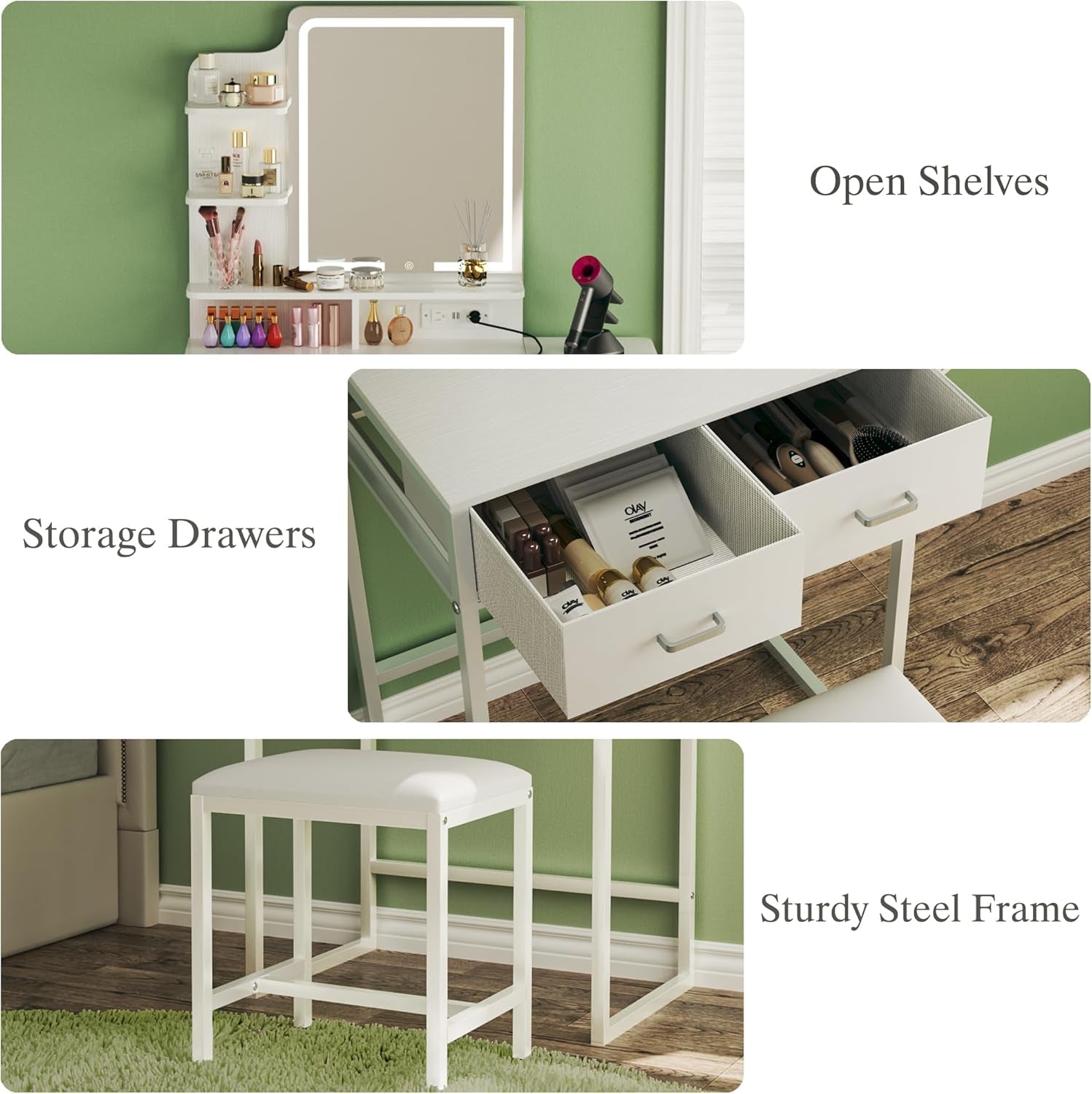 Makeup Vanity Desk with Mirror and Lights, Small Vanity with Fabric Storage Drawer & Chair & Shelves, White Vanity with Fold-Up Panel and Power Outlet for Bedroom