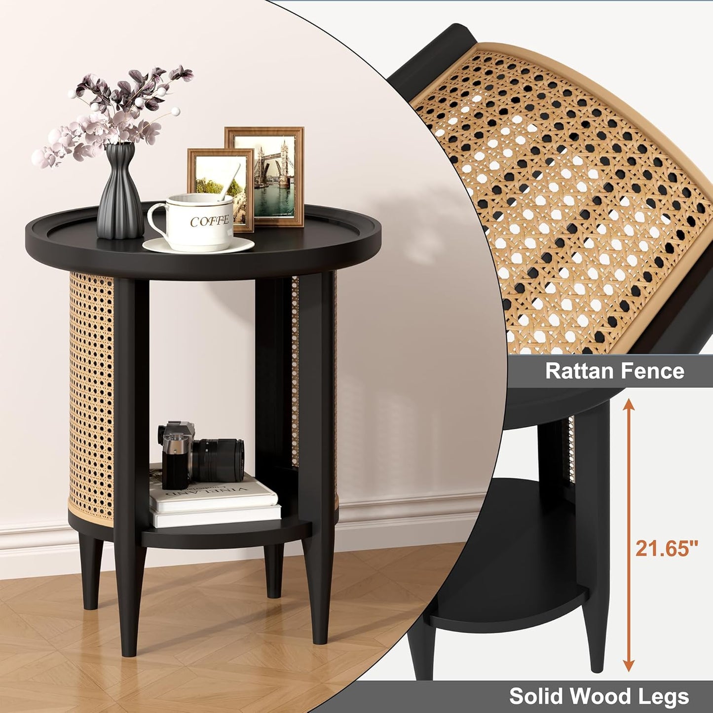 round End Table Rattan Style Side Table with Solid Wood Legs, Boho Style Nightstand Bedside Table with 2-Tier Shelves, Small Coffee Table for Living Room Bedroom Small Spaces Black