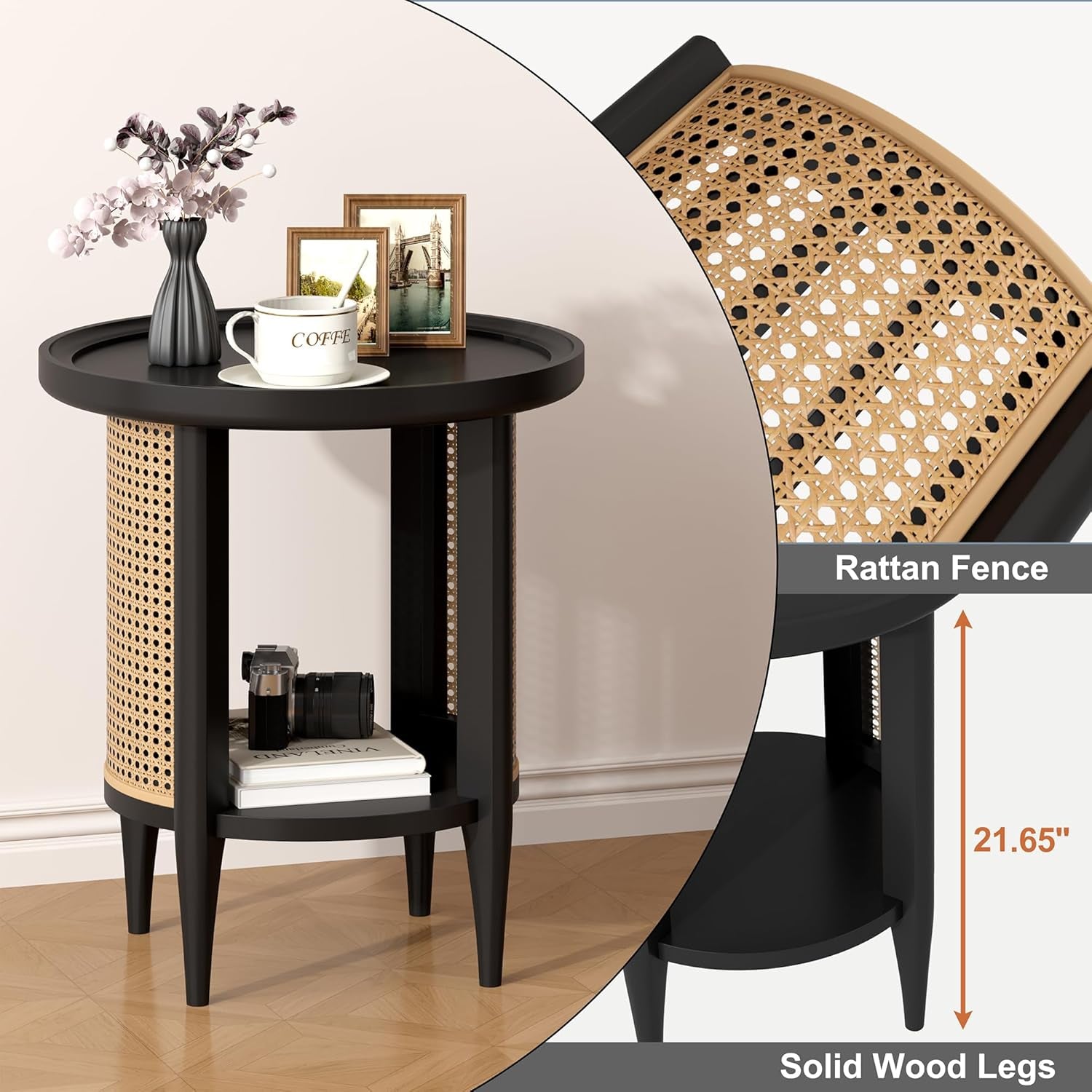 round End Table Rattan Style Side Table with Solid Wood Legs, Boho Style Nightstand Bedside Table with 2-Tier Shelves, Small Coffee Table for Living Room Bedroom Small Spaces Black