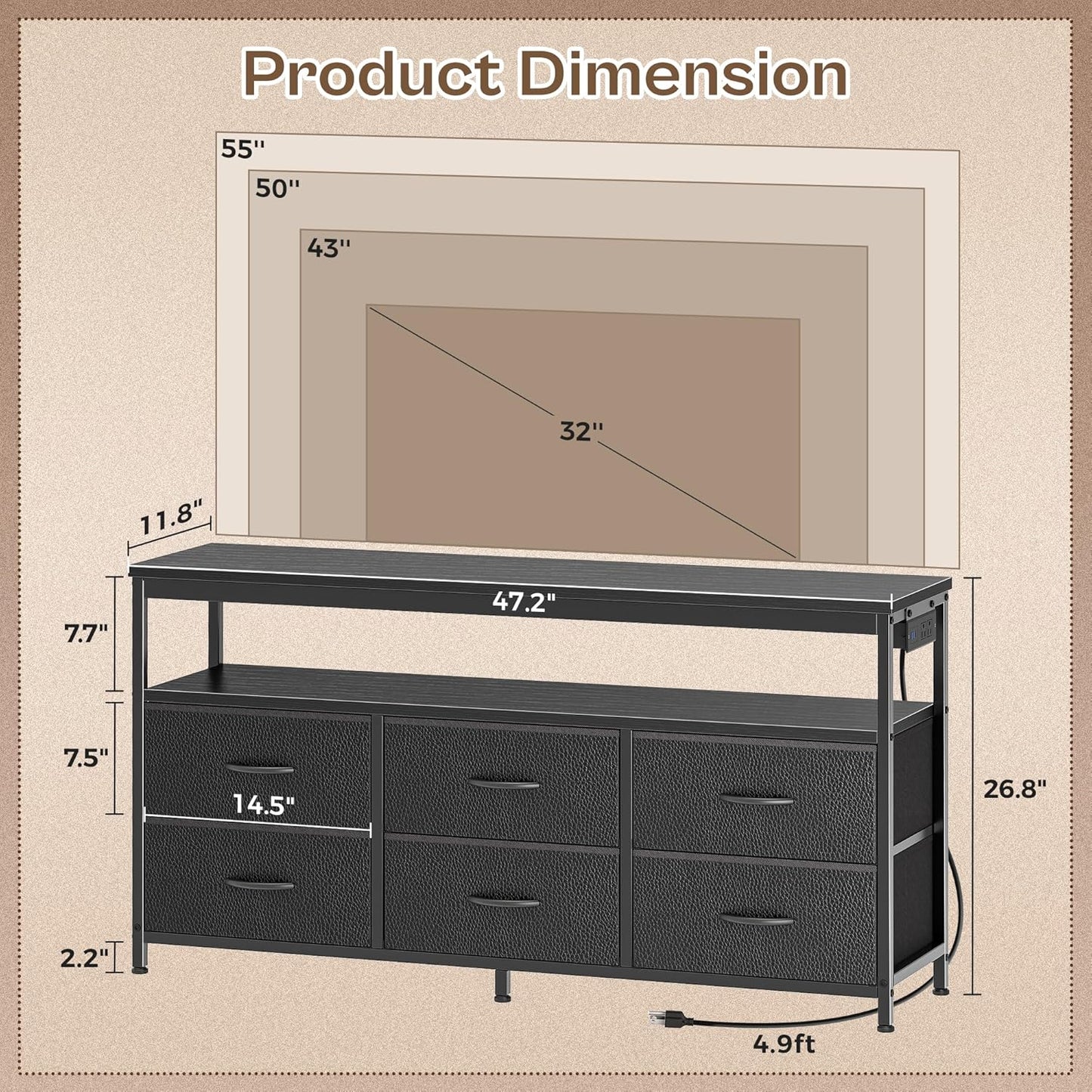 LED TV Stand for Bedroom, 47 Inch Dresser TV Stand for 43, 50, 55 Inch TV, Black TV Stand with Storage, Entertainment Center with Power Outlets, 6 Drawer Fabric Dresser for Living Room