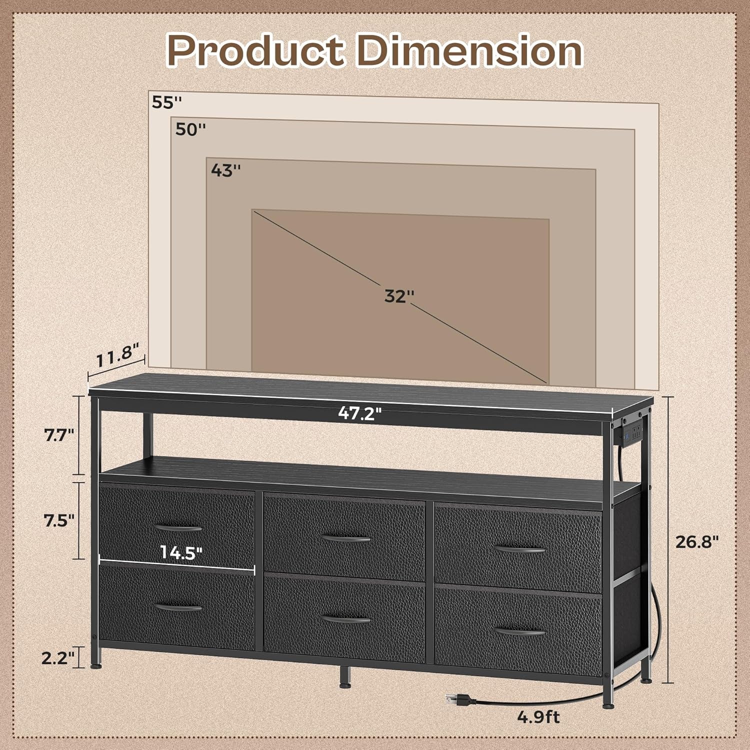 LED TV Stand for Bedroom, 47 Inch Dresser TV Stand for 43, 50, 55 Inch TV, Black TV Stand with Storage, Entertainment Center with Power Outlets, 6 Drawer Fabric Dresser for Living Room