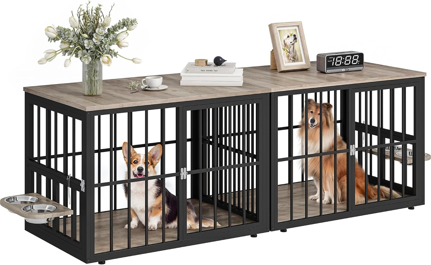 77.6" Large Corner Dog Crate Furniture for 2 Dogs, Steel Frame Cage with Double Doors & Bowls & 3 Doors, Double Dog Crate Furniture TV Stand for Medium Large Dogs, Brown