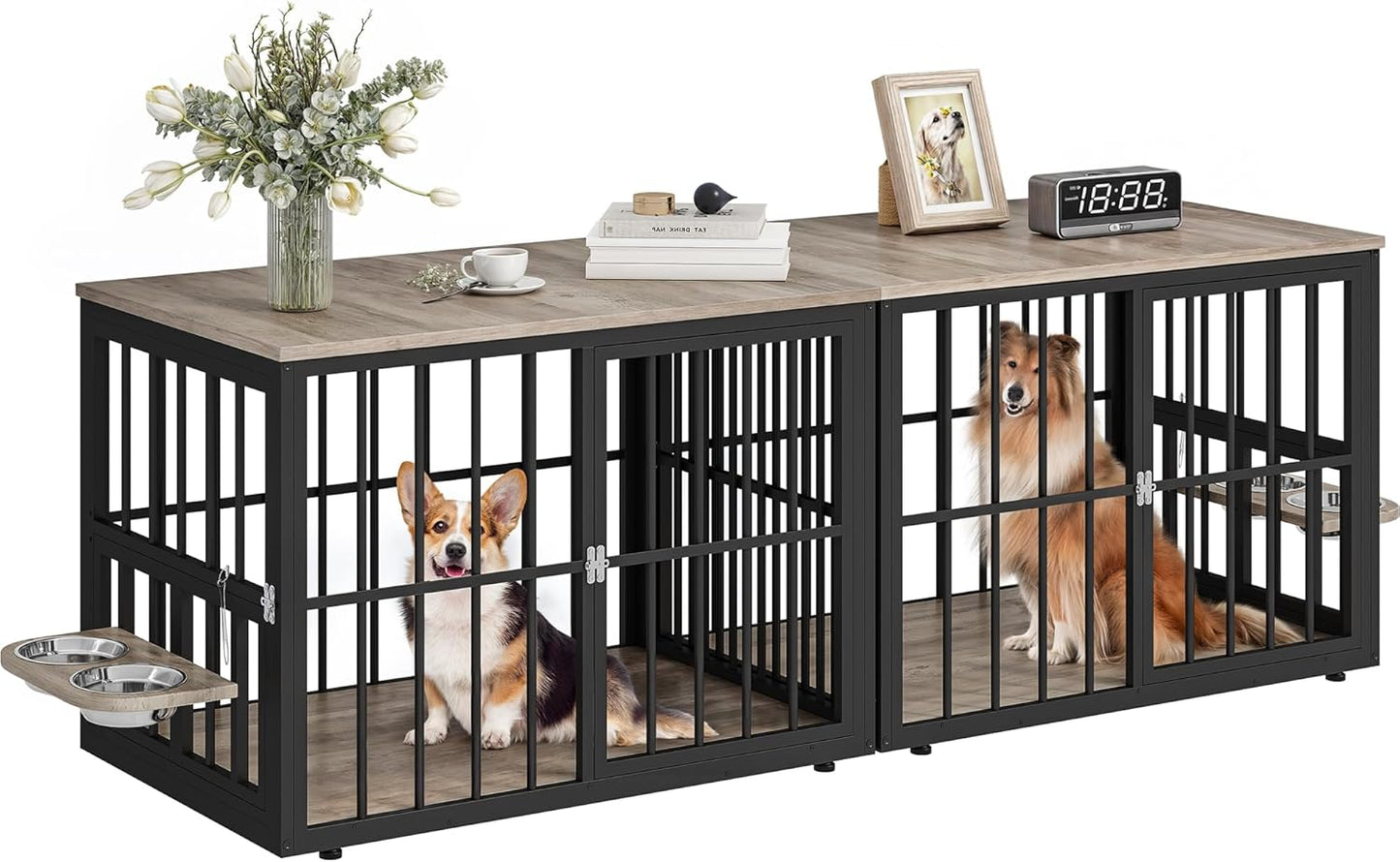 88.6" Large Corner Dog Crate Furniture for 2 Dogs, Large Wooden Dog Kennel with Dog Bowls & 3 Doors, Large Double Dog Crate Furniture TV Stand for Medium Large Dogs, Brown