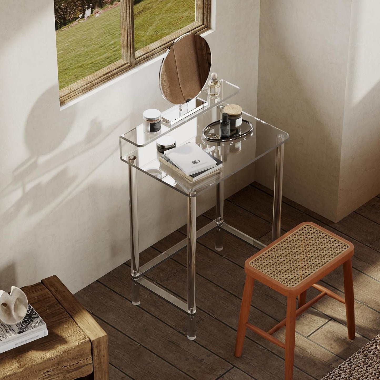 Acrylic Small Vanity with Mirror - 23.6'' L X 15.8'' W X 33.9'' H - Modern Makeup Vanity Desk for Small Spaces - Clear Makeup Table Dressing Table, for Bedroom, Cloakroom