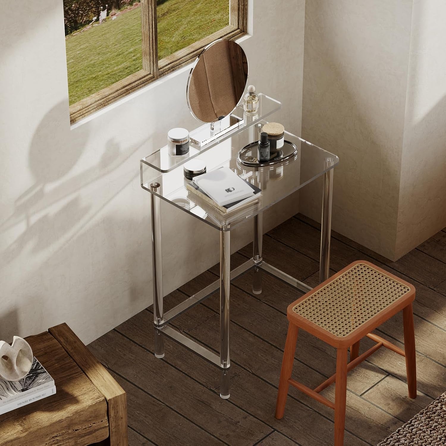 Acrylic Small Vanity with Mirror - 23.6'' L X 15.8'' W X 33.9'' H - Modern Makeup Vanity Desk for Small Spaces - Clear Makeup Table Dressing Table, for Bedroom, Cloakroom