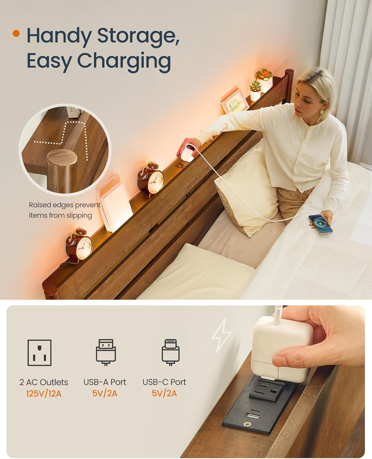 Full Bed Frame with Headboard, LED Lights & Charging Station, Solid Wood Legs and Slats, Mid-Century Modern Platform Bed, No Box Spring Needed, Caramel Brown URMB412K01V1