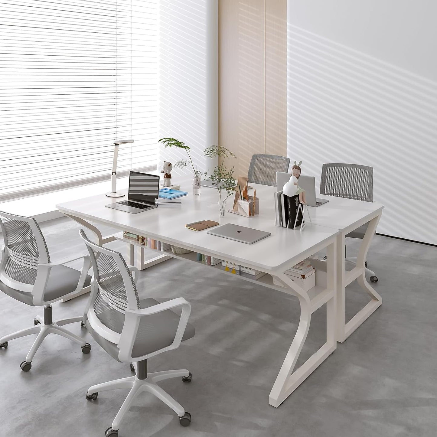 Extra Long Desk with Bookshelf - 63" Double Long Writing Table for 2-Person Workstation, Modern Study Work Computer Desk for Home and Office, Warm White