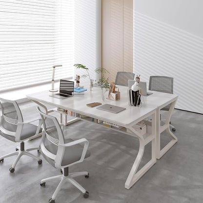 Extra Long Desk with Bookshelf - 63" Double Long Writing Table for 2-Person Workstation, Modern Study Work Computer Desk for Home and Office, Warm White