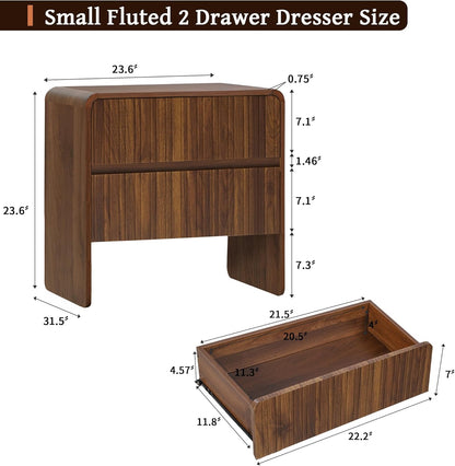 Brown mid century two drawer dresser nightstand with curved profile, view 2