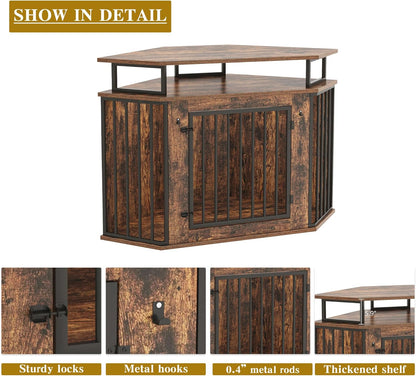 52" Corner Dog Crate Furniture with Storage Shelves, Farmhouse Large Dog Kennel Indoor, Wooden Pet Crate, Heavy Duty, Chew Resistant, 2 Hooks, Rustic Brown