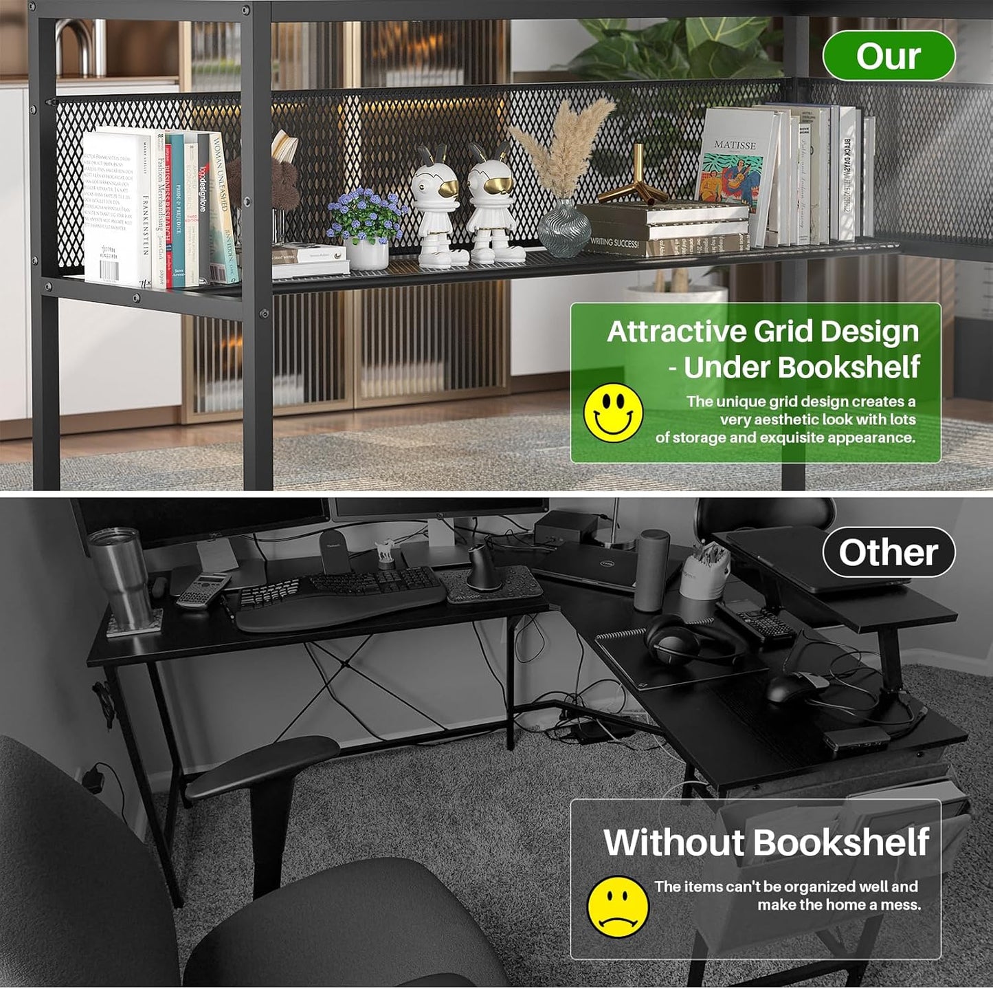 L Shaped Computer Desk with Magic Power Outlets and Smart LED Light, Reversible 55 Inch Corner Office Desk with Monitor Stand, Unique Grid Design, Gaming Table with Storage, Black Oak