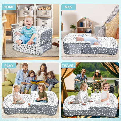 Toddler Travel Bed, Portable Toddler Bed & Chair 2-In-1 – Convertible Travel Crib with Storage Pockets, Built-Waterproof Oxford Cloth, Easy,Washable Covers,Soft Dutch Velvet (Stars Pattern)