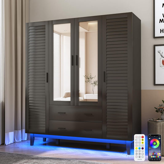 4 Door Armoire Wardrobe Closet Cabinet with Drawers and LED Lights, Multi-Tier Shelves, Hanging Rod & 4 Louver Doors, Large Capacity Storage Wardrobe Armoire for Bedroom, Black